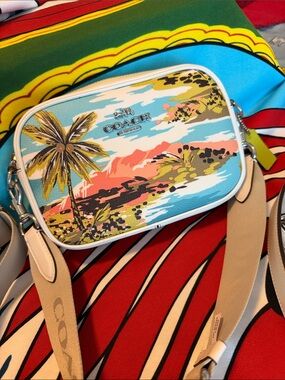 Coach Pebble Leather Crossbody Camera Bag with Palm Trees Hawaiian Print